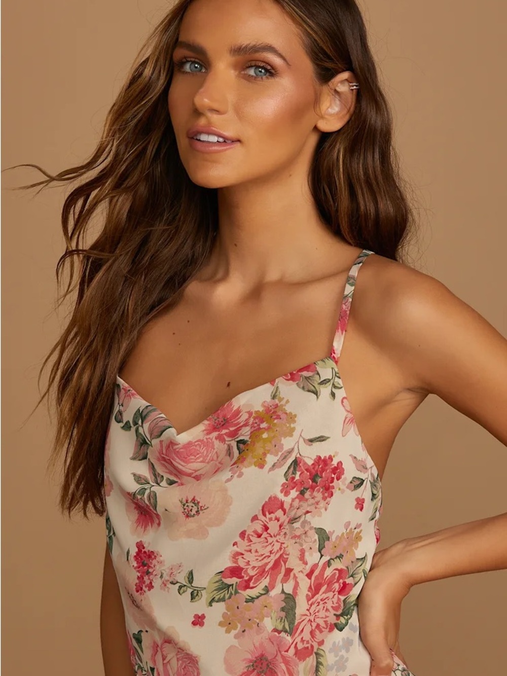 Lulu's Blush Floral Cowl Midi Dress - Picture 2 of 11